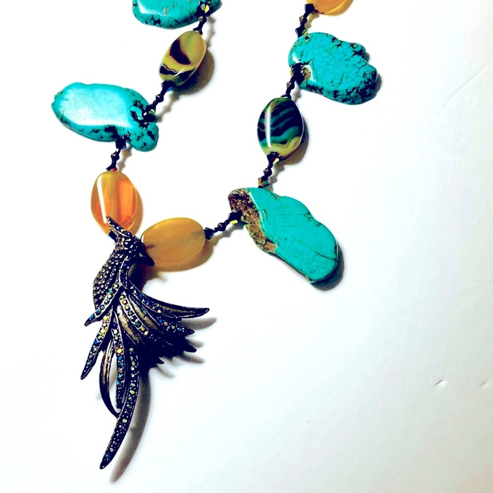 Handmade Tropical Bird of Paradise Aqua Yellow Statement Necklace